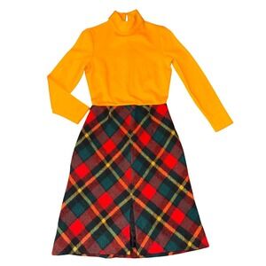 Vintage 70s Yellow Turtleneck Plaid Skirt Dress 70s Retro Mod A Line Sz Small